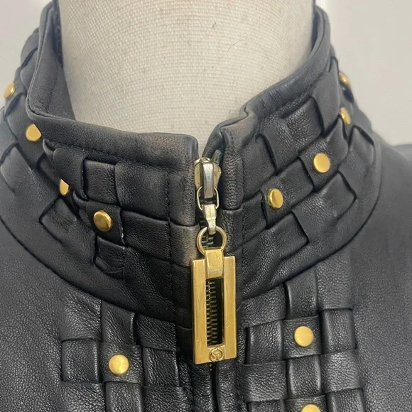 Black ST JOHN SPORT Leather Jacket with Gold Accents - Picture 5 of 9